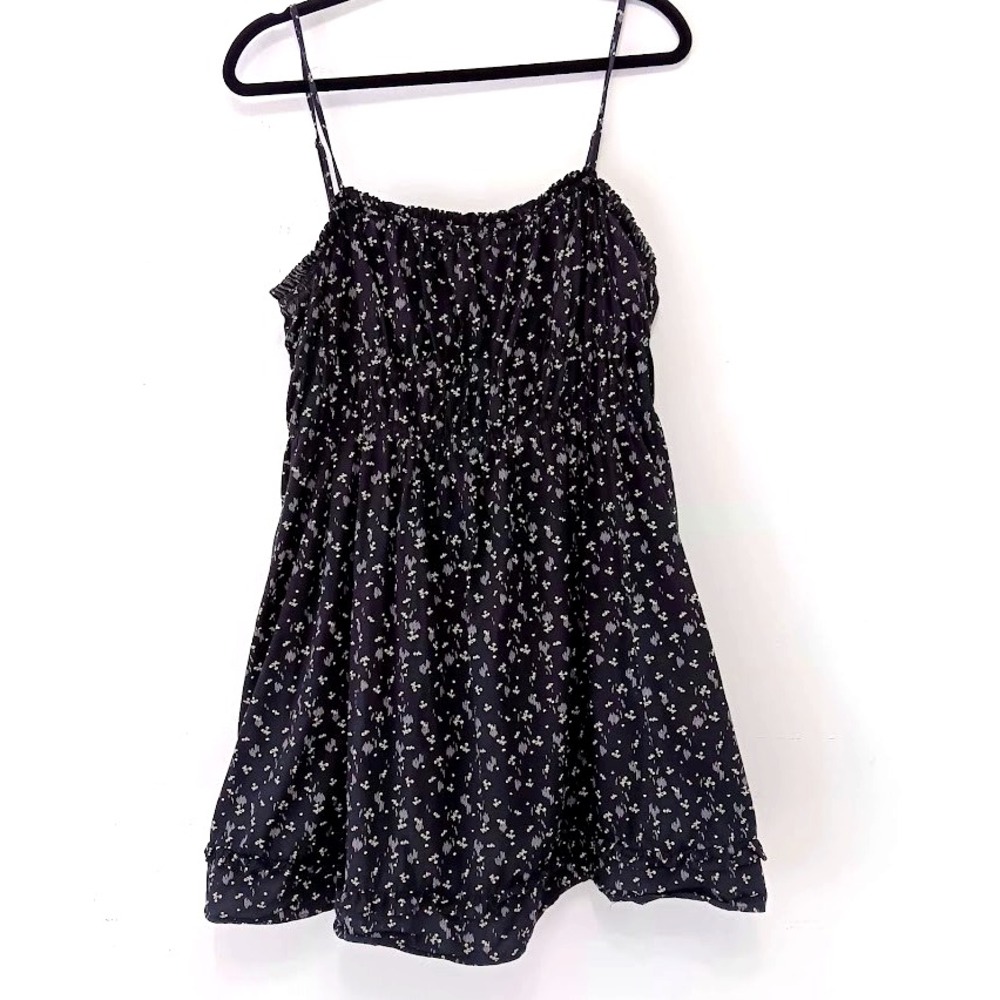 Free People Mini Dress L Black Floral Smocked Empire Waist Boho Festival Pockect